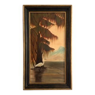Vintage 1980s Original Landscape Painting With Heron in Marsh - Signed For Sale