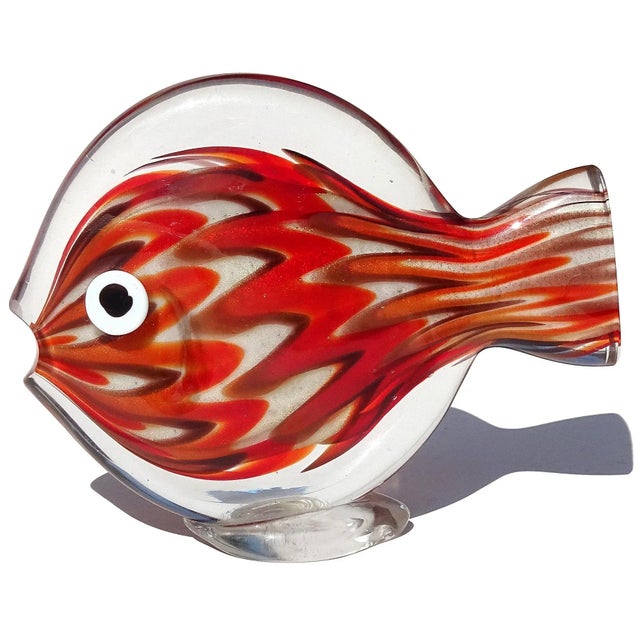 Beautiful vintage Murano hand blown Sommerso red orange, white and gold flecks Italian art glass fish figurine /...