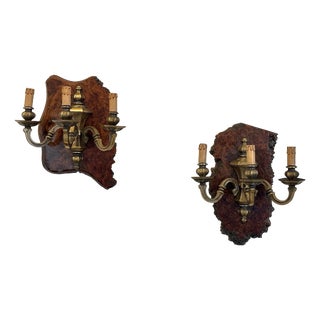 Rustic Bronze and Wood Wall Lamps, 1960s, Set of 2 For Sale