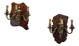 Rustic Bronze and Wood Wall Lamps, 1960s, Set of 2