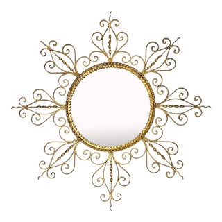 Vintage French Gilt Metal Sunburst Mirror Hollywood Regency Style For Sale