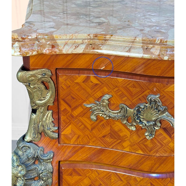 Vintage French Louis XV Marble Top Bombe Commode Dresser Chest of Drawers For Sale - Image 10 of 16