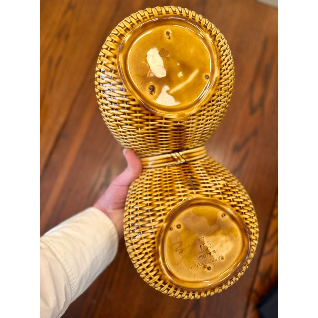 Sarreguemines French Majolica Ceramic Trompe L’oeil Basket With Faux Bamboo Wicker Detailing and Blue Interior For Sale - Image 10 of 12