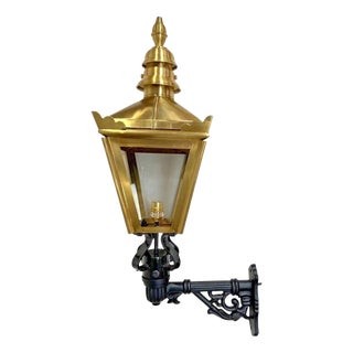 Traditional Brass Wall Lantern with Ornate Cast Iron Bracket For Sale