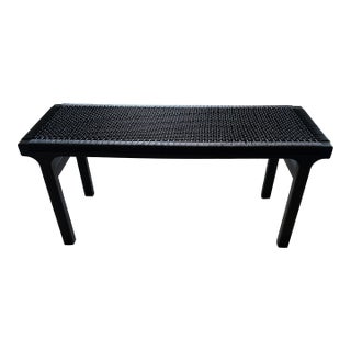 Cb2 Small Black Leather Woven Bench, Modern Matte Black Wood Frame For Sale
