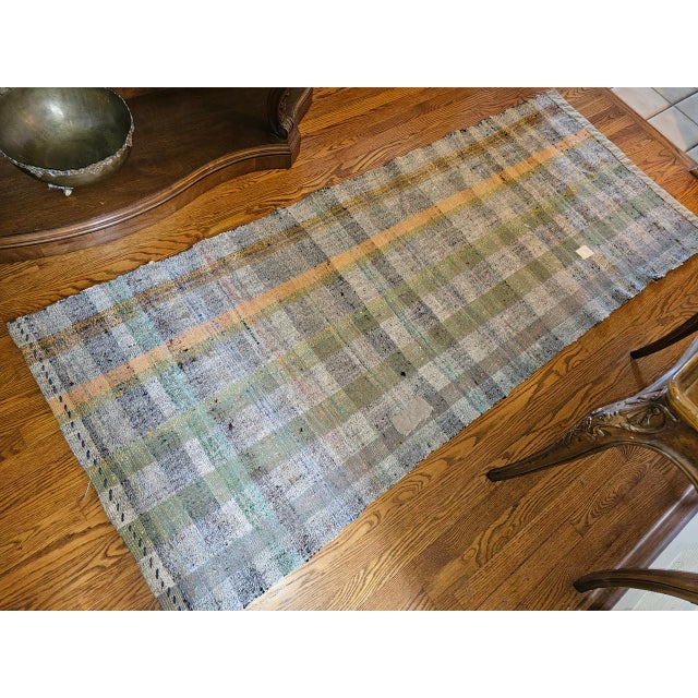 Gray Vintage Turkish Kilim Runner, Flatwoven Wool, Stripe Pattern, Ivory & Green, 3x7 For Sale - Image 8 of 9