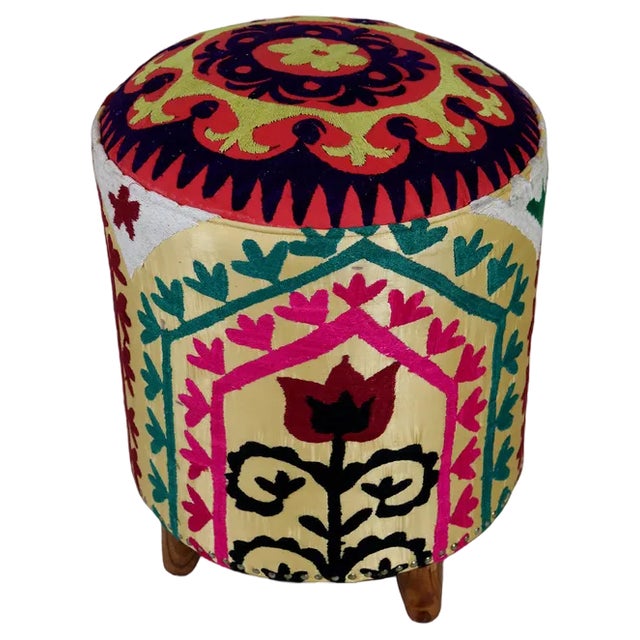Vintage Oriental Stool with Suzani Upholstery, 1950s For Sale