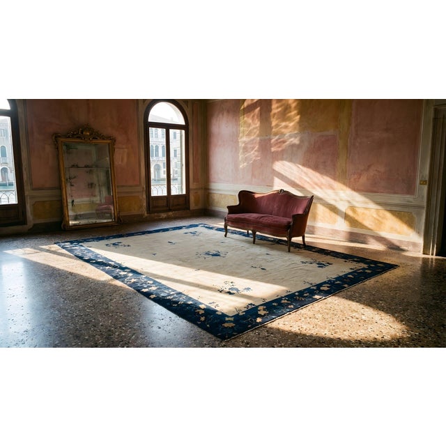 1920s Rectangle Hand Knotted Wool Antique Open Field Medallion Blue Large Rug For Sale - Image 14 of 14