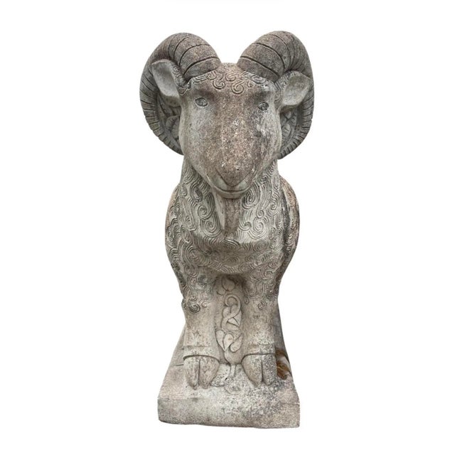 Traditional Vintage Stylized Cast Stone Ram Garden Statue With Swirl Relief Detail For Sale - Image 3 of 12