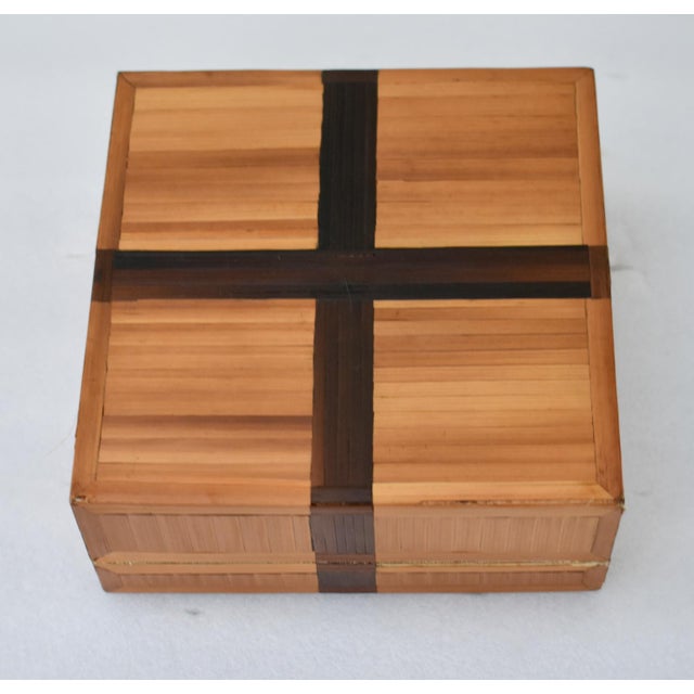 Vintage (1980's) Decorative Trinket Box made of Wood. Inlaid Wood. Ribbon Detail. The Measurements: 5"W x 5"D x 2"H. Flat...