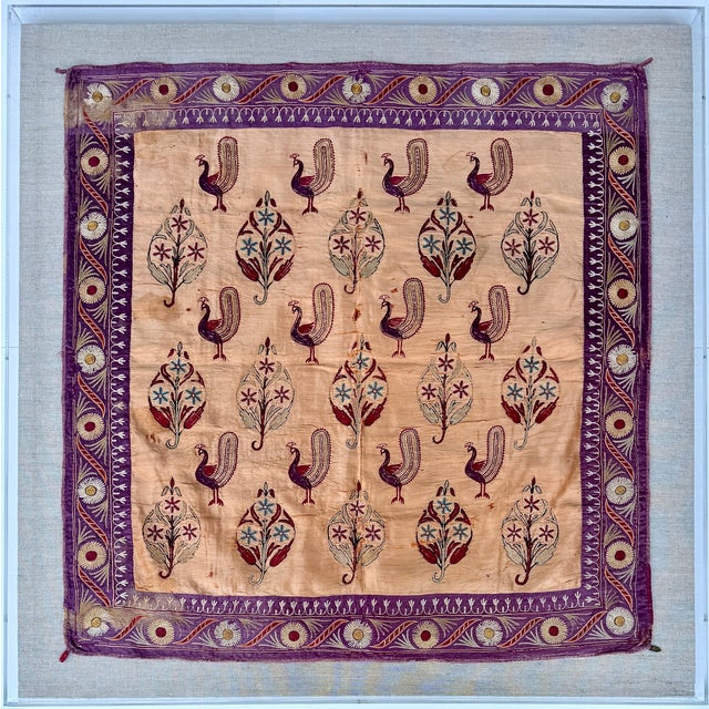 Antique Indian Silk Embroidery Textile, Framed For Sale