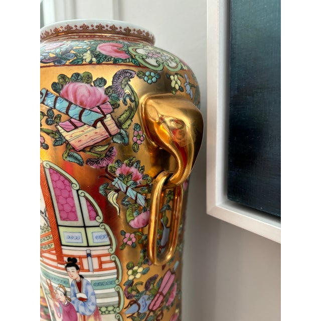Vintage Chinese Export Famille Rose Mantel Vases With Elephant Ring Handles - a Pair For Sale - Image 9 of 11