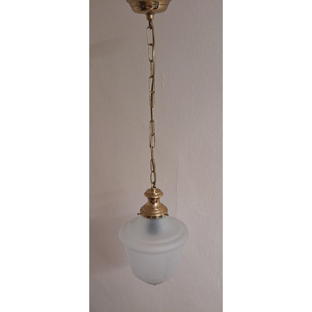 Vintage Brass Ceiling Lamp with Drop-Shaped Patterned Frosted Glass Shade, 1980s For Sale - Image 4 of 7