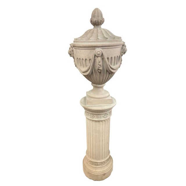 Neoclassical Pair of Neo-Classical Style Cast Stone Garden Urns and Pedestals For Sale - Image 3 of 12