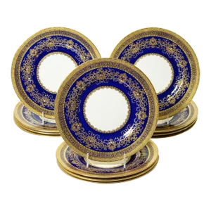 Minton Cobalt Blue Gilt Encrusted Dinner Plates, Custom Antique, circa 1900 - Set of 12