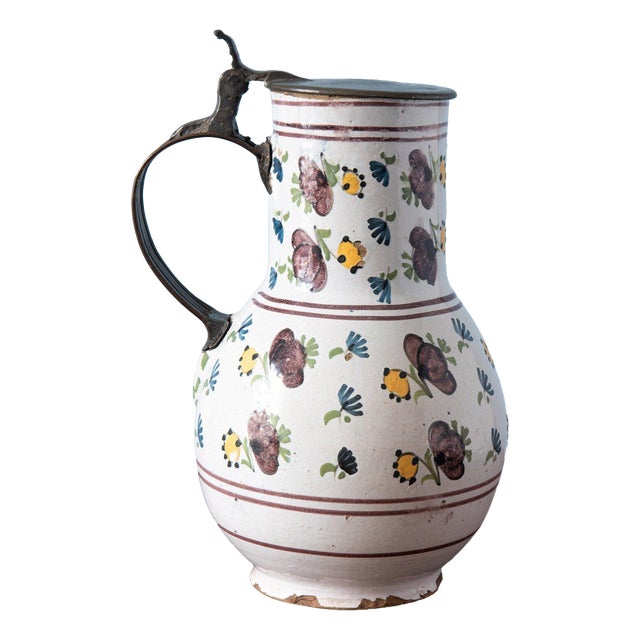 Pewter-Mounted Floral Jug from Brussels Faience, Late 18th Century For Sale