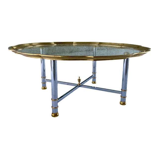 Mid-Century Modern Chrome X-Base Coffee Table Having Scalloped Brass Glass For Sale
