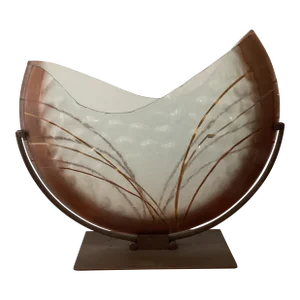 Mid 20th Century Abstract Modern Art Press Bobble Glass Dimple Vase With Iron Stand by Mark Hines Designs