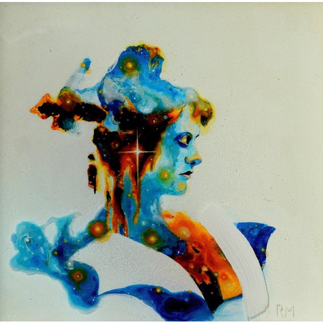 Galaxy Girl features a striking profile of a figure, beautifully rendered with a blend of vibrant colors that evoke the...
