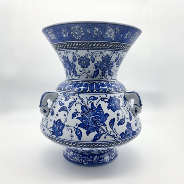 2020s Handmade Ceramic “Kandil” Vase (30cm) Rare 3-Handled Design Blue & White Floral Centerpiece For Sale - Image 5 of 6
