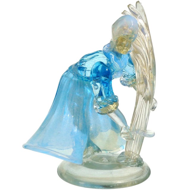 Glass Murano Vintage Opalescent Blue White Gold Flecks Italian Art Glass Mid Century Women Farmer Sculpture For Sale - Image 7 of 7