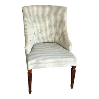 Tufted Blue-Gray Plaid / Wood-Leg Accent Chair For Sale
