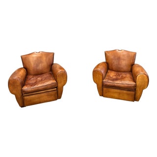Pair of 1930s Art Deco Mustache Back French Leather Club Chairs For Sale