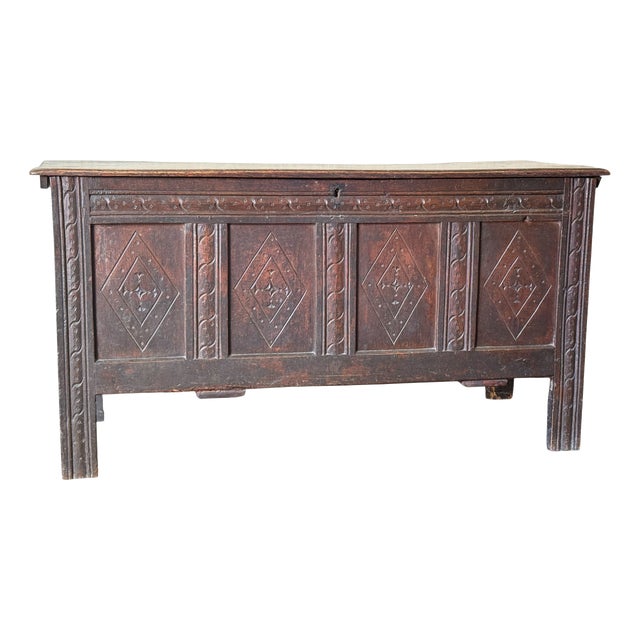 English Carved Oak Four-Panel Chest, 1680 For Sale