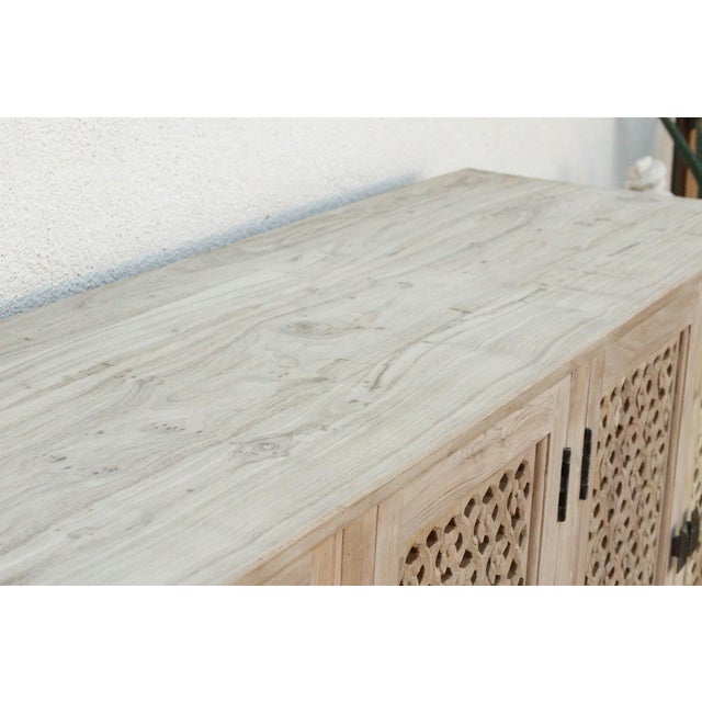 Wood 88" Long Sun Bleached Jali Floral Carved Credenza For Sale - Image 7 of 11