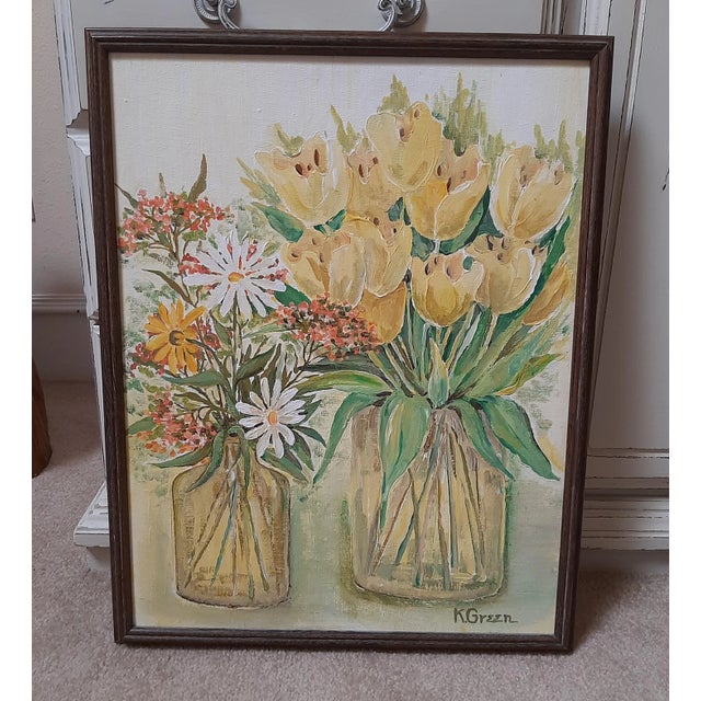 Yellow Garden Floral Painting Two Bouquets Flowers For Sale - Image 8 of 11