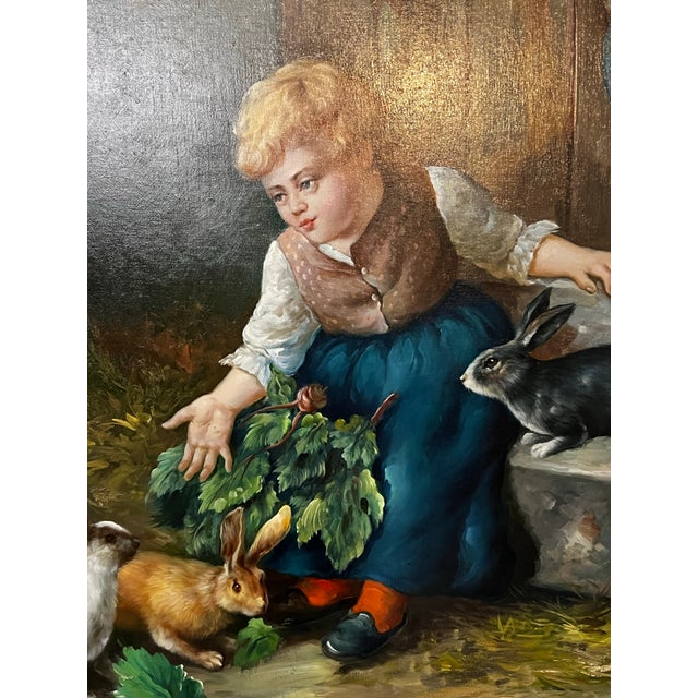French Provincial Large Late 20th Century Framed Painting of Child Feeding Rabbits in the Style of Düsseldorf School Artist Felix Schlesinger For Sale - Image 3 of 12