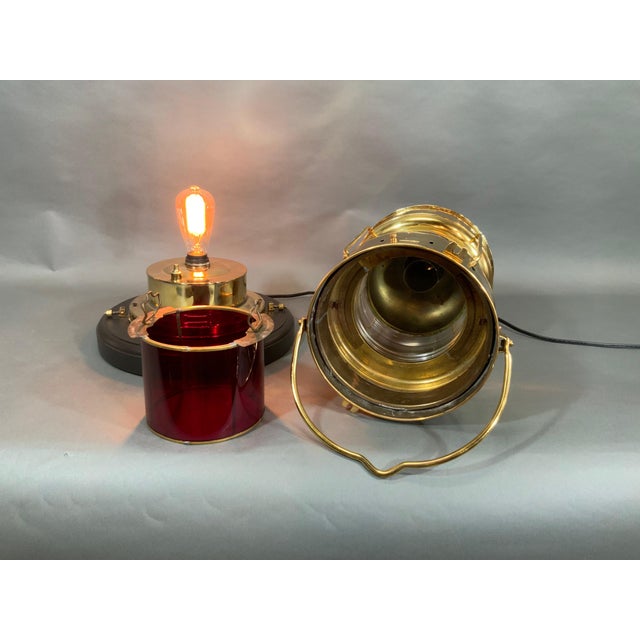 Wood Japanese Ship's Lantern of Solid Brass by Nippon Sento Co. LTD For Sale - Image 7 of 8