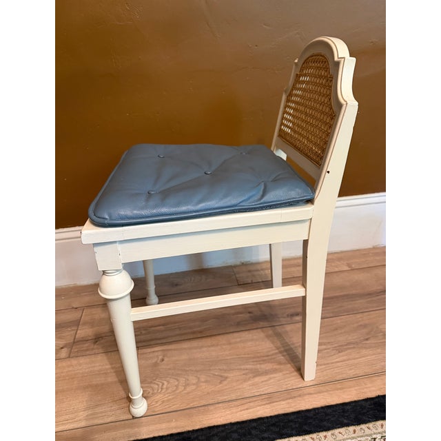 Vintage Cane and Wood Vanity Chair With Custom Blue Leather Tufted Cushion For Sale - Image 4 of 15