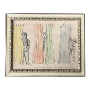 1950’s Original Watercolor / Pencil Three Men Behind Curtain Painting