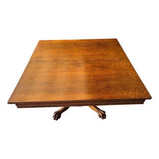 1930s - Rare Solid Tiger Wood / Quarter Sawn Dining Table With Lions Feet Base For Sale