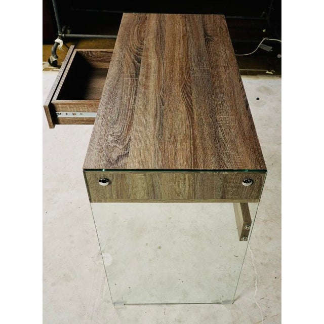 Early 21st Century Modern Glass Waterfall Writing Desk / Minimalist Faux Bois Console With Drawer For Sale - Image 5 of 8