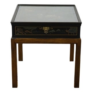 Drexel Heritage Asian Chinoiserie 24x26" Accent End Table W. Black Lacquer and Hand Painted Accents For Sale