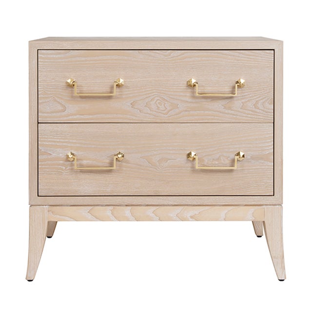 2020s Matthew Izzo Home Kenna Light Cerused Oak Two Drawer Sabre Leg Side Table With Brass Swing Handles For Sale - Image 5 of 5