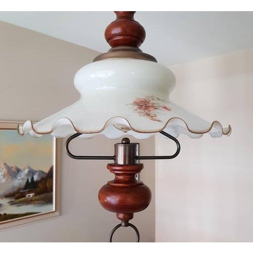 Special Pendant Light Lamp with Wood Handle & Opaline Glass For Sale - Image 6 of 11