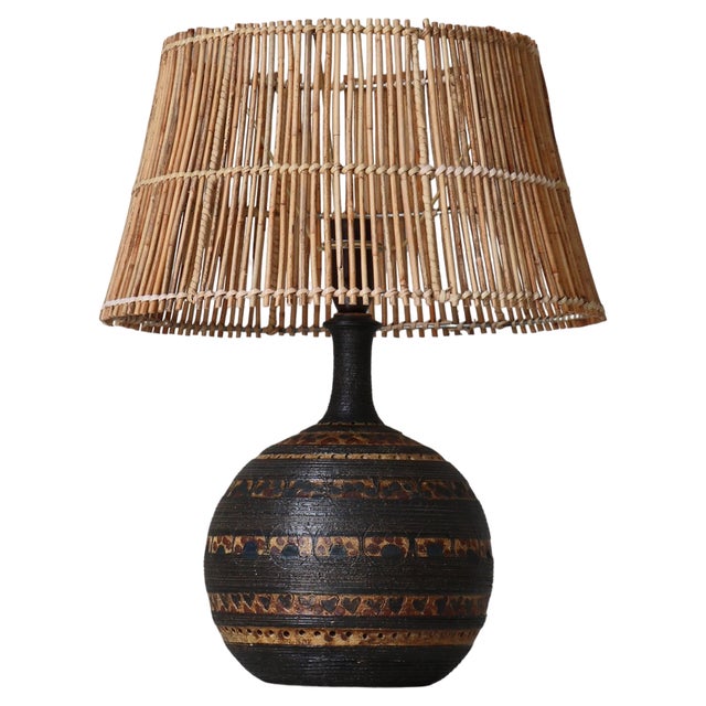Scandinavian Modern Ceramic & Rattan Table Lamp attributed to Jette Hellerøe, 1970s For Sale
