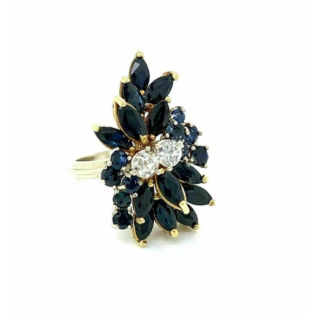 Late 20th Century Diamond Sapphire 14k Two Tone Gold Cluster Gems Ring, Size 5.5 For Sale - Image 5 of 9