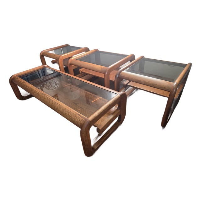 Lou Hodges Mersman Waldron Smoked Glass Oak Rectangular Coffee Table 1970's For Sale