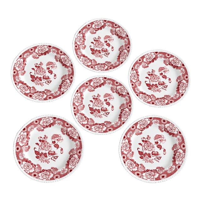 English Chinoiserie Style Red & White Dinner Plates "Cambridge" by Wood & Sons - Set of 6 For Sale