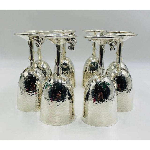 Silver 1980s Set of 8 Silver Plated & Crushed Emerald Wine/Water Goblets by Emilia Castillo For Sale - Image 8 of 18