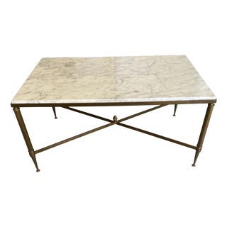 Vintage Coffee Table in White and Grey Marble with Gilt Brass Metal Frame, 1960s For Sale