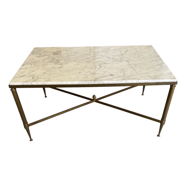 Vintage Coffee Table in White and Grey Marble with Gilt Brass Metal Frame, 1960s For Sale