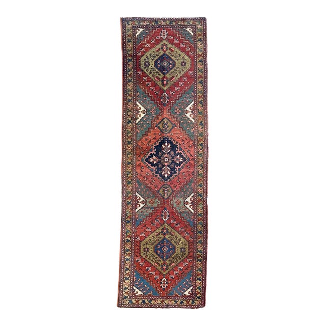 Antique Heriz Runner Lake Blue Rug 3 x 10.2 For Sale