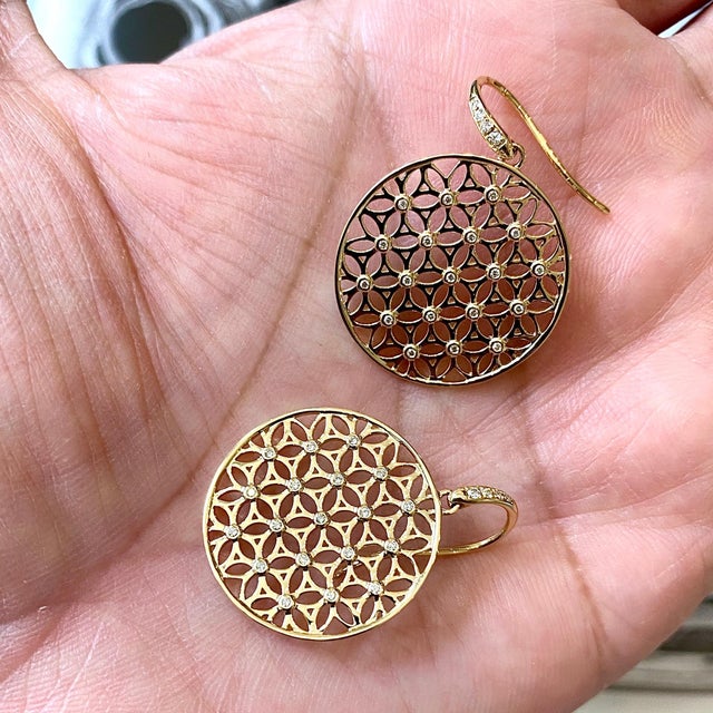 Syna Yellow Gold Flower of Life Earrings with Diamonds, a Pair For Sale - Image 4 of 6