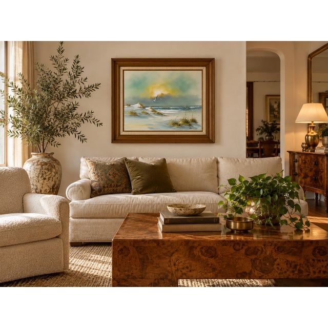 Beautiful vintage coastal oil on canvas painting signed Remington, featuring a peaceful beach scene with rolling ocean...