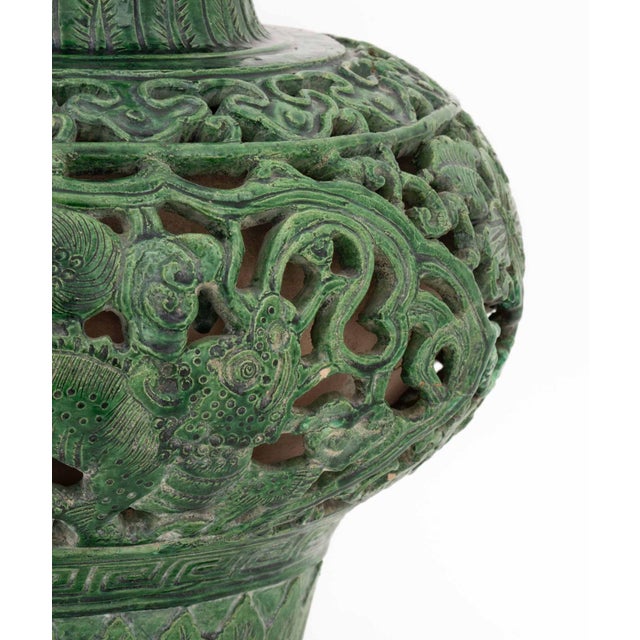 Mid 20th Century Chinese Spinach Jade Green Glazed Ceramic Pierced Vase Mounted as a Table Lamp For Sale - Image 5 of 9
